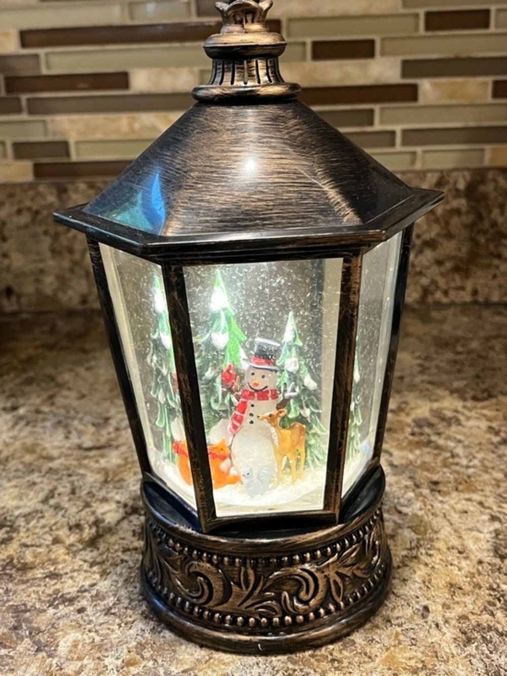 Bronze Snowman Lantern Holiday Scene Water & Snow Globe, Battery Operated